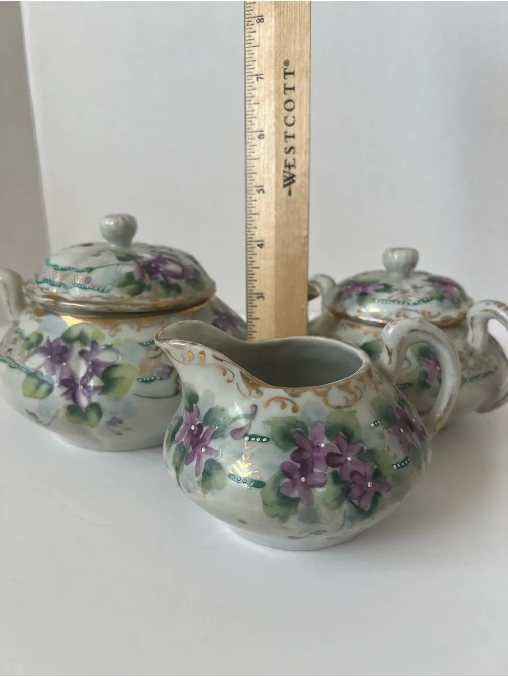 Vintage Mikado Japan Beverly Violet Porcelain Teapot Sugar Creamer 3-Pc Set